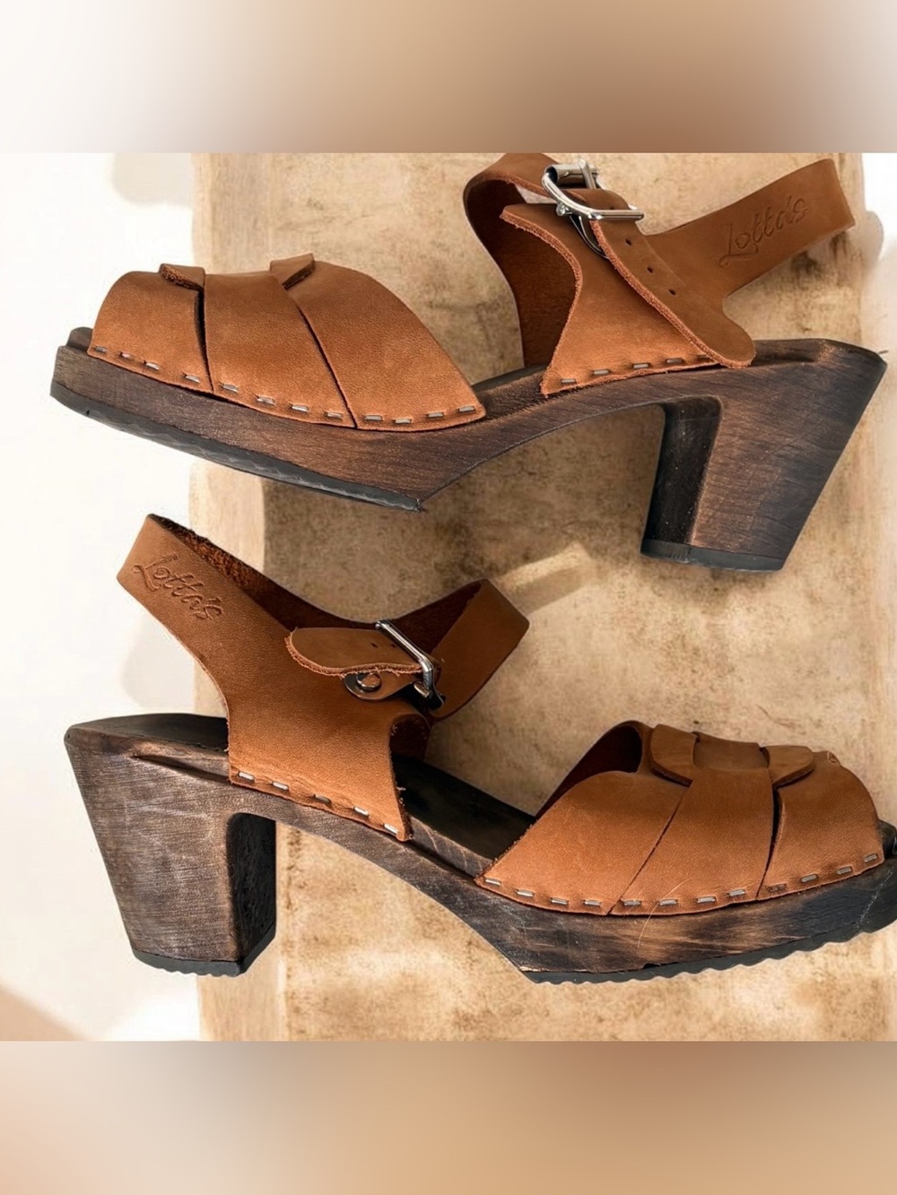 LOTTA’s from Stockholm Women's Camel Brown Suede Leather Peep Toe Heel Clogs